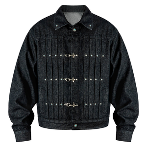 Vestes en denim brut à panneaux personnalisées pour hommes, fermeture à fermoir métallique vintage, manteaux décontractés Y2K, vêtements d'extérieur plissés pour hommes - Product Image 1