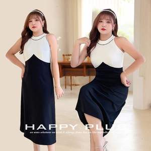 Vestido midi Runqi con cuello halter y bloques de color, negro y blanco, corte en A, vestido de noche para mujer, talla grande N8696 - Product Image 4