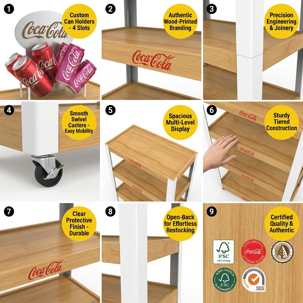 Wholesale Custom Wood Metal Beverage Display Rack for Cola Sprite Fanta Soda Soft Drink Retail Store Mobile Beverage Stand — view 5