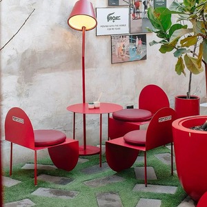 Juego de sillas de mesa de comedor para exteriores de estilo Industrial Retro moderno, <span class=keywords><strong>arte</strong></span> de hierro semicircular rojo para café, Panadería, té de la leche, Material de Metal - Product Image 2