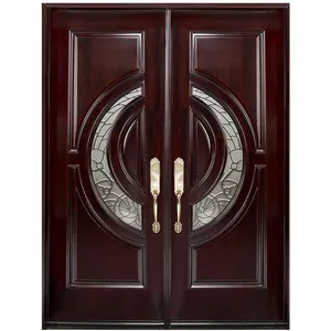 Porta frontal de madeira sólida, porta aberta dupla de alta classe vidro entrada exterior porta de madeira dupla