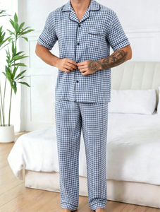 Men's Custom Blue Pajamas Summer Cotton 100%Lounge Set Men Bamboo Pajamas Wholesale OEM ODM Plus Size Soft <b>Clothes</b> - Product Image 3