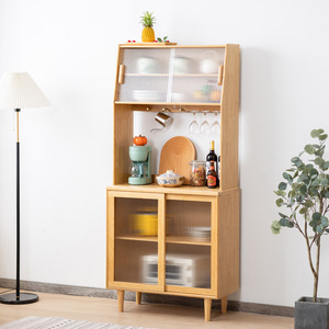 Nordic Style Tall <b>Sideboard</b> Cabinet With Glass Doors And Rattan Panel For Kitchen <b>Storage</b> 900mm Above - Product Image 4