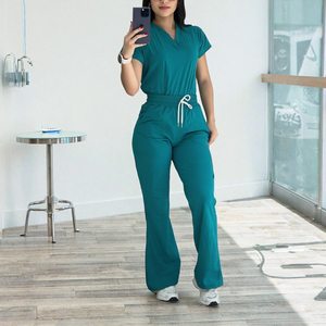 <b>Women</b> <b>Teal</b> Scrub Set Cotton Polyester Woven Hospital Uniform Pants V-Neck Top With Drawstring Waist - Product Image 3