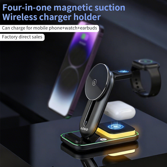 Aluminum Alloy 4-in-1 Adjustable Magnetic Wireless Charger with Night Light for Desktop Can Charge Phones Earbud and Watch