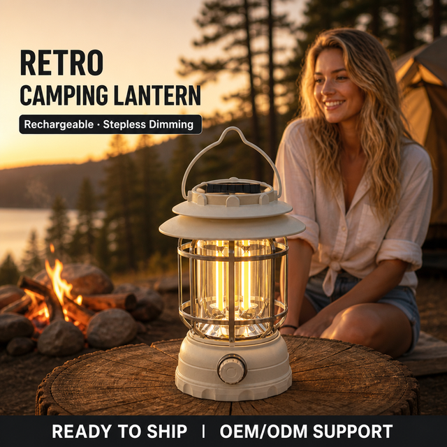 Solar Camping Lantern Vintage Rechargeable Waterproof LED Stepless Dimming Emergency Power Outage Outdoor Gift Flashlights