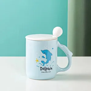 Cute Coffee Cup Set Dolphin Handle Ceramic Mugs Embossed Ceramic Mug With Lid And Spoon Gift Porcelain Mug