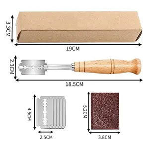 Outil en bois Lame de <span class=keywords><strong>pain</strong></span> avec 5 lames de rasoir et couvercle de protection en cuir, couteau <span class=keywords><strong>à</strong></span> marquer de boulangers - Product Image 6