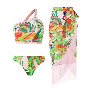 Two Pieces Bikini Set Fashion Trendy Swimwear Vintage Floral Printed Tankini With Fringe Skirt Women Beach Wrap