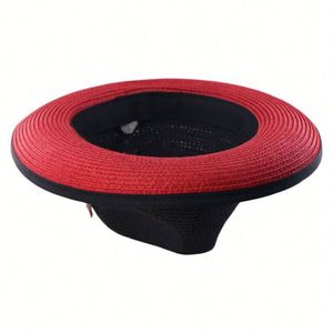 Chapeaux Fedora en paille de papier bicolores noir et rouge avec plume, collection été 2025 - Product Image 6