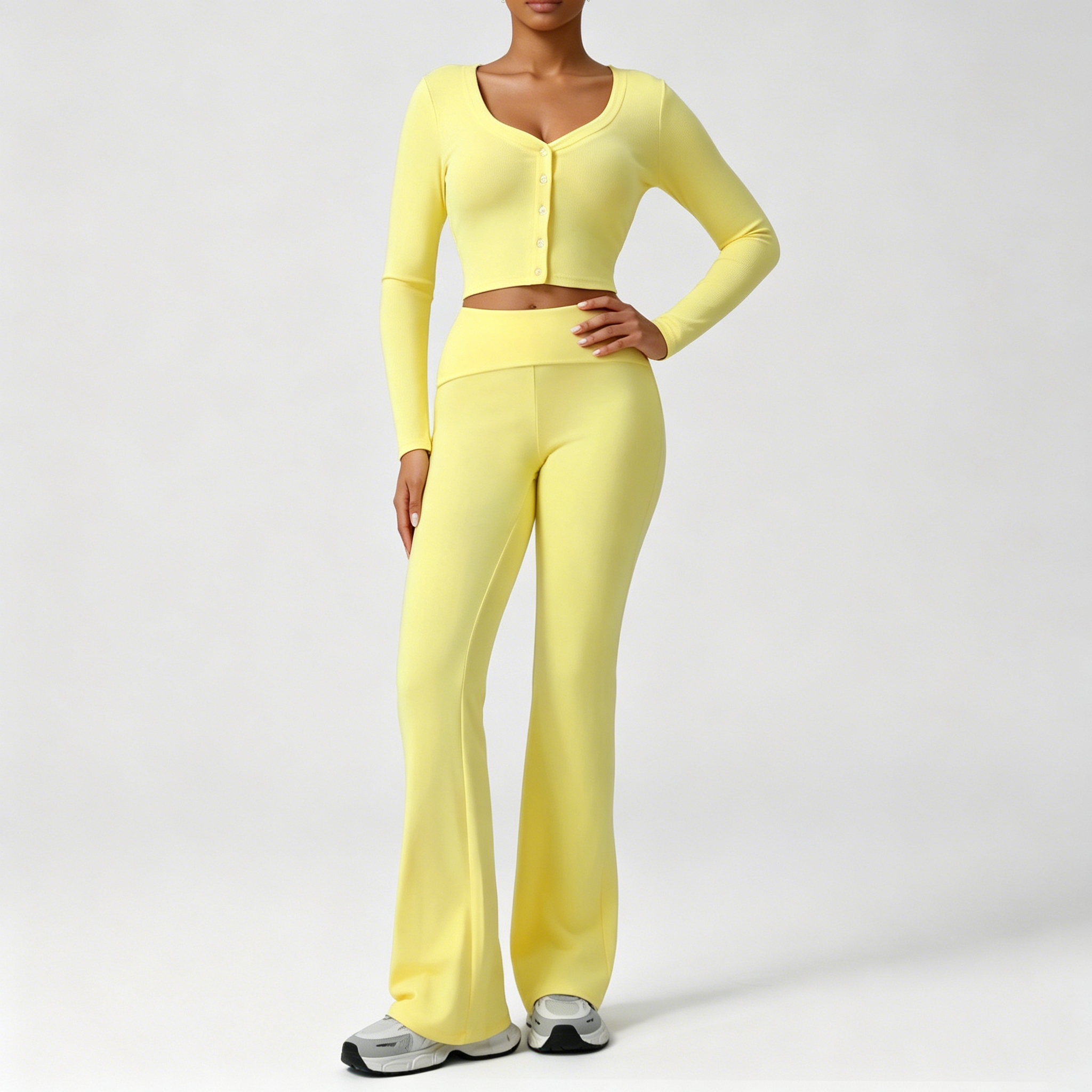 2-Piece Ribbed Activewear Set: Long Sleeve V-Neck Button Top & Fold-Over Waist Flare Yoga Pants, Slimming Workout Outfit