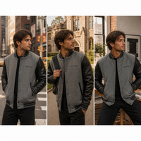 Veste universitaire en laine personnalisée pour homme, gris et noir, manches en cuir, boutons pression, bordure côtelée, style moderne urbain, veste bomber de baseball