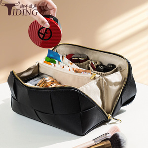 Tiding Genuine Leather Woven Cosmetic Bag Large Capacity Black Soft Handle <b>Makeup</b> Storage <b>Case</b> For Women - Product Image 2