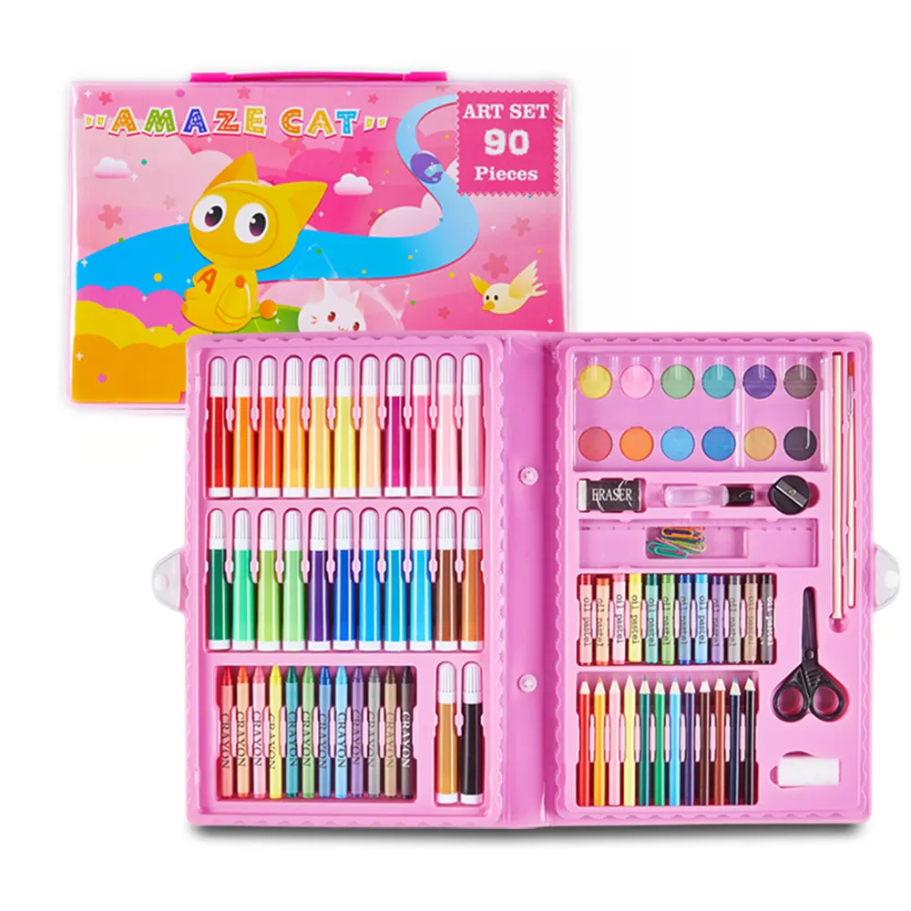 Rifornimenti di arte rosa 90pcs Art set pennarelli pastelli ad olio matite colorate torte ad acquerello Kit da disegno Set da colorare per bambini