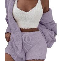 Ensemble trois pièces décontracté et sportif en flanelle thermique pour femme, nouvelle collection automne/hiver : haut à manches longues, débardeur court et short