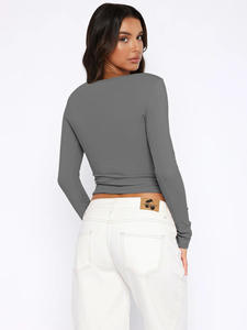 2024 t-shirt dimagrante per donna in maglia semplice con bottoni in tinta unita Casual autunnale da donna - Product Image 4