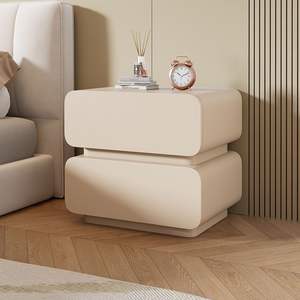 Table de chevet couleur crème en bois massif et cuir, table de nuit avec rangement, meubles de chambre à coucher, design moderne, petite taille - Product Image 4