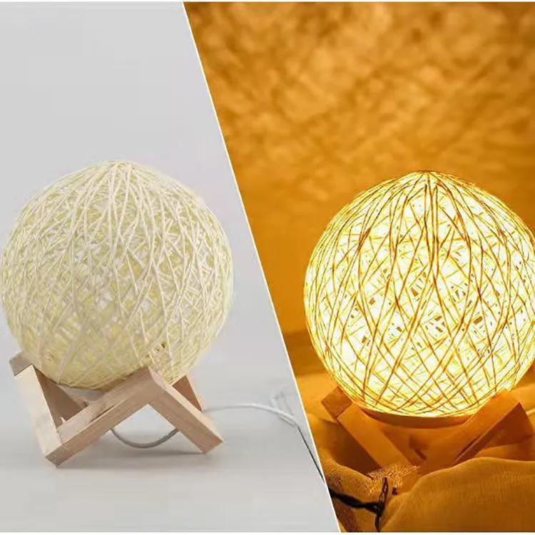 יצירתי INS רוח LED אור שולחן קש כדור שולחן מנורת שולחן מודרנית משובצת נצרים קש מנורת כדורית ליד המיטה מנורת לילה מעץ