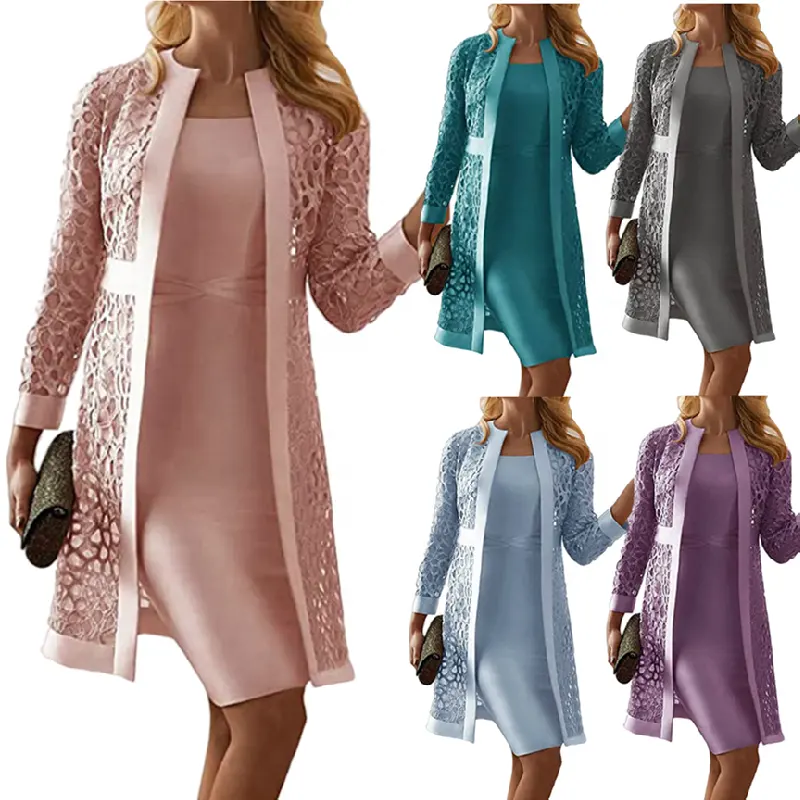 CP6400 vendita calda primavera autunno donna colore puro autunno vestito Set scava fuori Cardigan di pizzo vestito di raso 2 pezzi Set abiti da donna