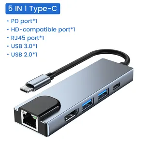 OEM 5 In 1 Multifunction Adapter Type-c To HDMI 4K With USB3.0 Ethernet PD Charging USB C Hub Docking Station