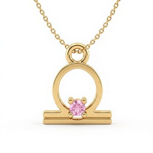 Collier pendentif zodiaque Libra avec zircone cubique rose |   Laiton plaqué or tendance pour enfants et adultes, idéal pour les occasions festives - Product Image 1