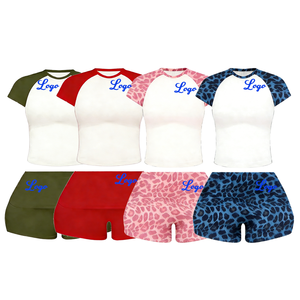 Ensemble de t-shirt et short raglan personnalisé pour femmes |   Ensemble sportif deux pièces |   Vêtements en tricot respirant en spandex/coton |   Solide |   Été - Product Image 1