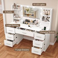 Coiffeuse blanche design en gros avec grand miroir et 10 lumières LED, table de maquillage avec 7 tiroirs et étagères ouvertes