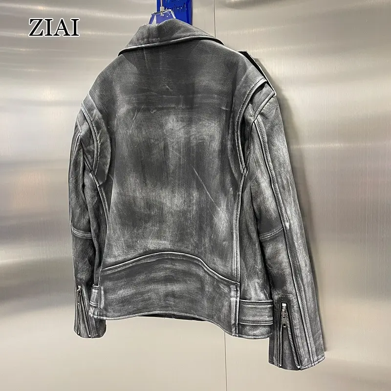 Fashion Rubbed Leather Jacket Cowhide Heavy Industry Lapel motorcycle style loose jacket