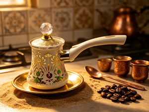 หม้อกาแฟตุรกีเคลือบลายดอกไม้สไตล์วินเทจ พร้อมฝาปิดและหูจับ ใช้กับเตาได้ เหมาะสำหรับกาแฟอาหรับ เป็นของขวัญ - Product Image 3