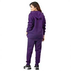 <b>Women's</b> Eco-Friendly 100% Cotton <b>Purple</b> Fleece Hooded <b>Tracksuit</b> 2-Piece Set Full-Length Casual Sportswear Regular Fit Solid - Product Image 3