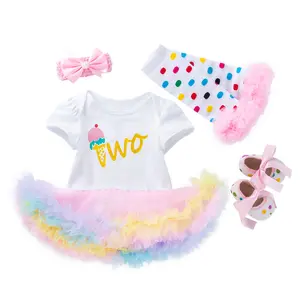Set all'ingrosso per ragazza 1 ° compleanno bambini vestito bambino 4 pezzi monogramma unicorno carino principessa Tutu gonna pagliaccetto abiti