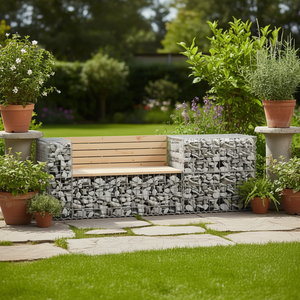 Panca da Giardino in Legno di Pino con Cesto Gabion, Elegante Arredo Esterno per Patio, Design Moderno a 2 Posti - Product Image 2