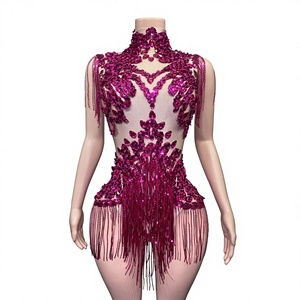 Combinaison sexy en maille transparente noire avec strass pour femme, tenue de scène pour chanteuse, danseuse, spectacle, fête, boîte de nuit, performance - Product Image 1