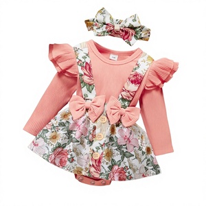 Vestito da neonato in cotone pastorale a maniche lunghe con fiocco e stampa floreale, ideale per il commercio estero - Product Image 1