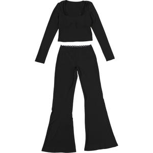 Viviblook Z0205ST01 Nouvel ensemble noir pour femmes, coupe ajustée, haut court sexy à manches longues, pantalon évasé, ensemble deux pièces - Product Image 6