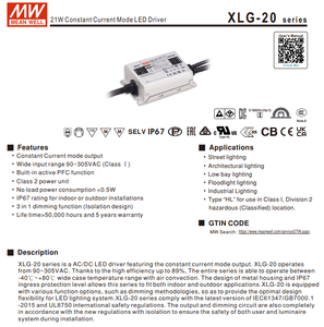 ค่าเฉลี่ย XLG-20-H-B 21W 700mA 18-30V ไดรเวอร์ไฟ LED คงที่หรี่แสงได้3IN1 AC90-IP67 305Vac กันน้ำ - Product Image 2