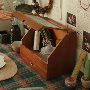 <b>Solid</b> <b>Wood</b> Retro Cosmetic Storage Box With Glass Lid <b>Desk</b> Organizer For Journal Display Cabinet - Product Image 3