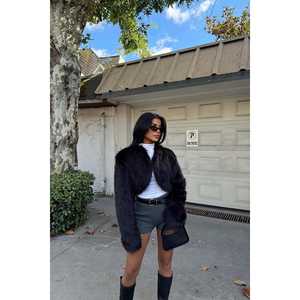 Long <b>Black</b> Faux Fur <b>Overcoat</b> with Vintage Print Decoration Dyed Woolen Fabric Silk Shell Slim Type Filled with Camel Cotton - Product Image 3