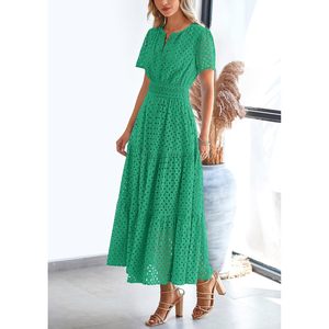 Vestido largo de mujer con manga corta, cuello en V, diseño calado, línea A, cintura elástica, transpirable, informal, para playa o vacaciones - Product Image 3