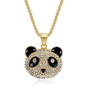 Collier pendentif panda de dessin animé en acier titane plaqué or avec strass, bijoux hip-hop unisexe pour couple, cadeau - Product Image 1
