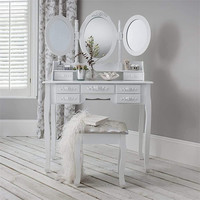 Commode de maquillage blanche OEM d'usine avec tabouret et miroirs Tri-Floding