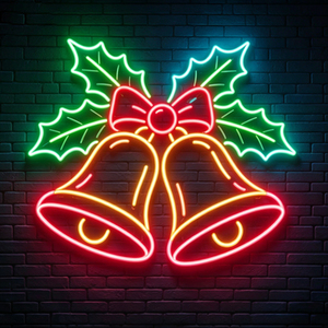 Neon Christmas Bells With Holly Leaves <b>Red</b> <b>Bow</b> Party Decor Mounted IP65 2-Year Warranty 2700K Warm White Light - Product Image 1