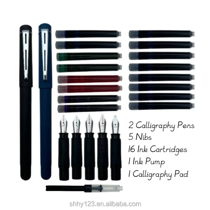 مجموعة أقلام حبر مستديرة RTS HY مكونة من 25 قطعة مناسبة كهدية تحتوي على خرطوشات حبر وأقلام حبر من 2 قلم و5 أقسام صغيرة و16 لوحة ولوحة واحدة ومضخة بلاستيكية واحدة