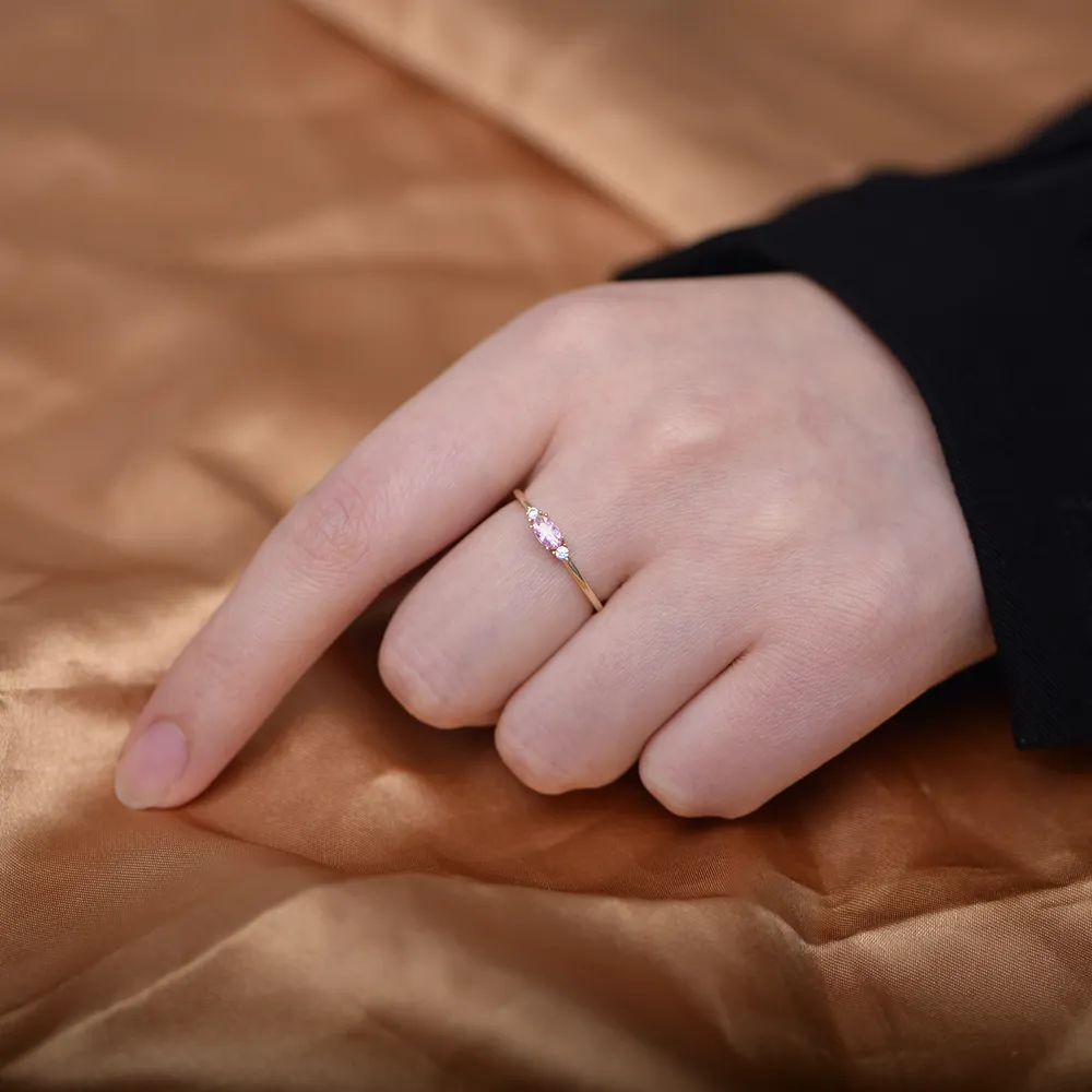 Squisito anello in argento Sterling 925 di alta qualità placcato oro 14k anello Extra Skinny anello in stile Vintage ovale rosa CZ per donna ragazza