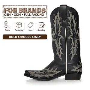 Botas Vaqueras Mexicanas Personalizadas al por Mayor de Cuero Negro con Adornos Puntiagudos <span class=keywords><strong>CHENO</strong></span> para Mujer con Pantorrilla Ancha - Product Image 1