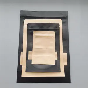 Có thể tái chế 3 mặt niêm phong dây kéo phẳng giấy Kraft nâu đứng lên túi tùy chỉnh Túi giấy Kraft nâu có cửa sổ