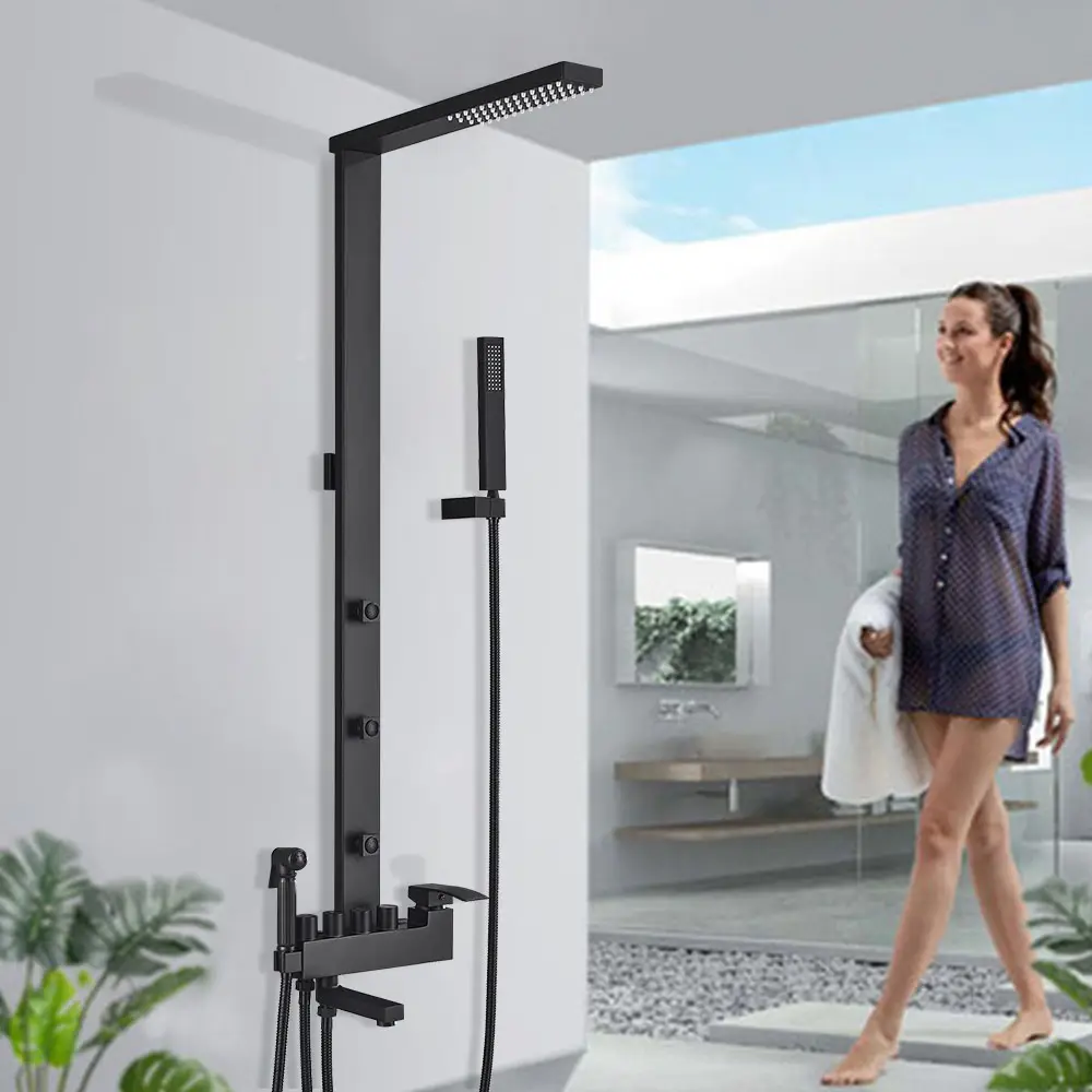 Mat siyah duş bataryası seti banyo duş başlığı seti yağış masaj SPA jetleri bide duş musluk küvet bacalı