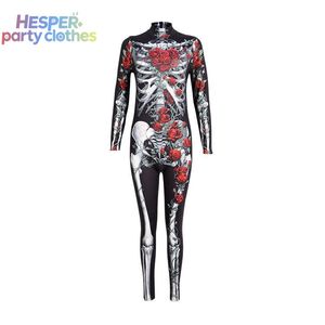 HESPER Disfraz de Halloween para Mujer, Mono Ajustado Elástico con Estampado de Calavera y Rosa Fantasmal, Ropa de Pascua Aterradora - Product Image 1
