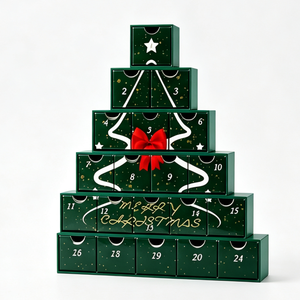 24 Day <b>Christmas</b> Countdown Tree Gift <b>Box</b> with Numbered Compartments Paperboard Custom Logo Packaging for Holiday - Product Image 1