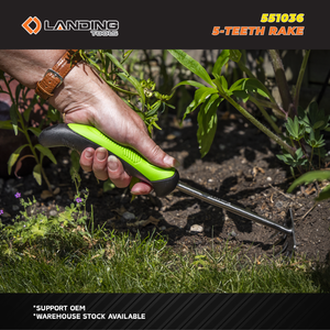 Râteau à main de jardin robuste en acier inoxydable à 5 dents avec poignée ergonomique souple pour le désherbage, le desserrage du sol et le nettoyage des feuilles - Product Image 3